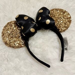 RETIRED Disney Parks Minnie Mouse Ears Black & Gold Polka Dot & Sequin Headband